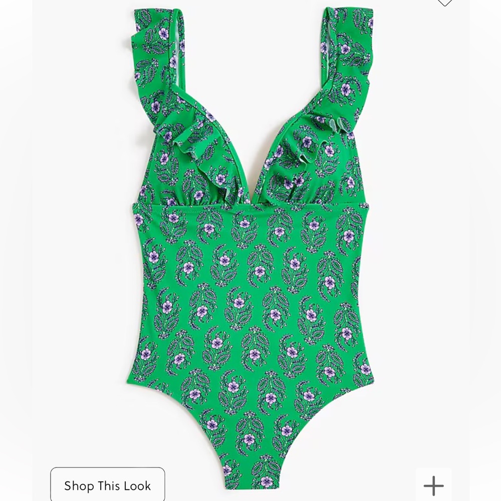 NWT Green J. Crew Floral ruffle shoulder V neck one piece swimsuit Size L